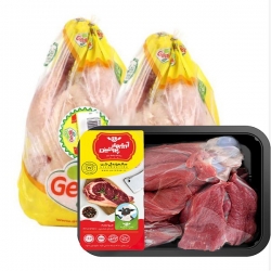 مرغ منجمد گودیک 3.6 کیلوگرم بسته دو عددی به همراه ران گوسفندی تازه آریا بهار پروتئین 1 کیلوگرم